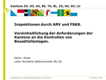 17. Mai 2014 Folie 1 Inspektionen durch ARV und FSKB. Vereinheitlichung der Anforderungen der Kantone an die Kontrollen von Bauabfallanlagen. Martin Moser.