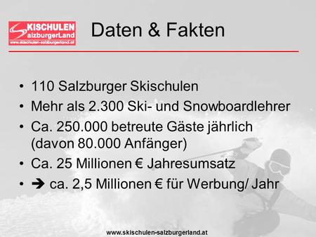 Www.skischulen-salzburgerland.at Daten & Fakten 110 Salzburger Skischulen Mehr als 2.300 Ski- und Snowboardlehrer Ca. 250.000 betreute Gäste jährlich (davon.