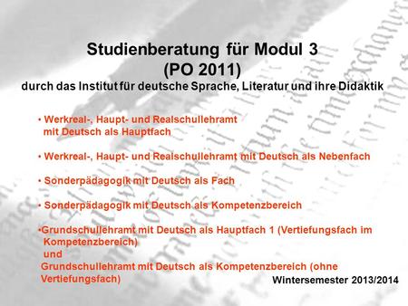 Studienberatung für Modul 3 (PO 2011) durch das Institut für deutsche Sprache, Literatur und ihre Didaktik Werkreal-, Haupt- und Realschullehramt mit Deutsch.
