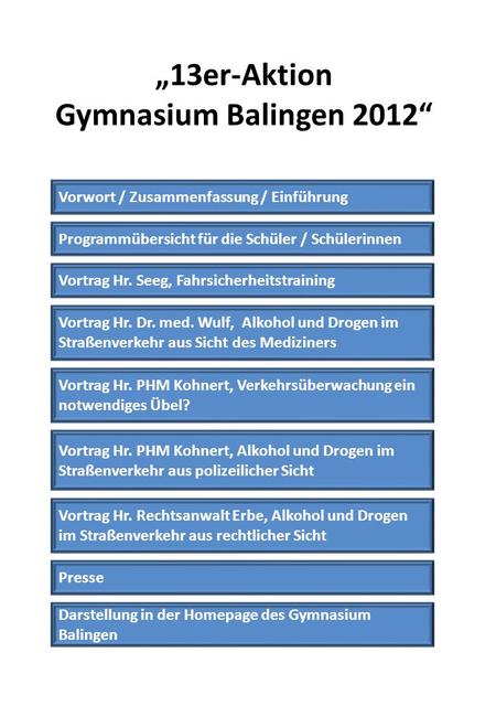 13er-Aktion Gymnasium Balingen 2012 Vorwort / Zusammenfassung / Einführung Darstellung in der Homepage des Gymnasium Balingen Presse Vortrag Hr. Rechtsanwalt.