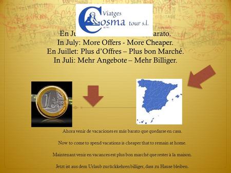 En Julio: Más ofertas – Más barato. In July: More Offers - More Cheaper. En Juillet: Plus dOffres – Plus bon Marché. In Juli: Mehr Angebote – Mehr Billiger.