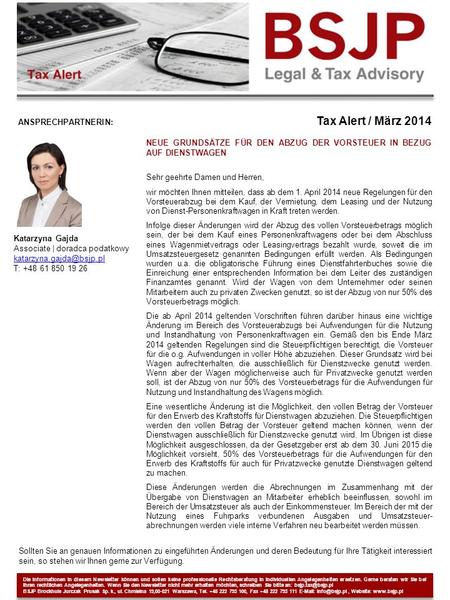 Tax Alert / März 2014 ANSPRECHPARTNERIN: