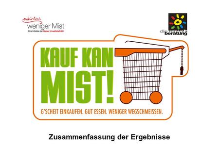 Zusammenfassung der Ergebnisse. Ausgangslage: 40% Ernährungsabfälle im Restmüll 120kg pro EinwohnerIn und Jahr 12% original verpackte oder nur teilweise.