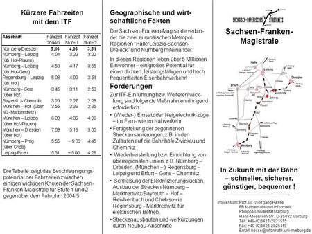 In Zukunft mit der Bahn – schneller, sicherer, günstiger, bequemer ! Sachsen-Franken- Magistrale Die Tabelle zeigt das Beschleunigungs- potenzial der Fahrzeiten.
