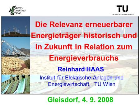 Die Relevanz erneuerbarer Energieträger historisch und in Zukunft in Relation zum Energieverbrauchs Reinhard HAAS Gleisdorf, 4. 9. 2008 Institut für Elektrische.
