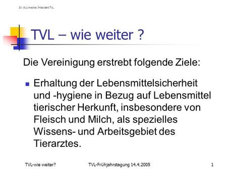 (1) Dr. W.Limacher, Präsident TVL TVL-wie weiter?TVL-Frühjahrstagung 14.4.20051 TVL – wie weiter ? Erhaltung der Lebensmittelsicherheit und -hygiene in.