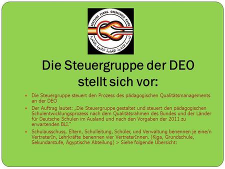 Die Steuergruppe der DEO stellt sich vor: Die Steuergruppe steuert den Prozess des pädagogischen Qualitätsmanagements an der DEO Der Auftrag lautet: Die.