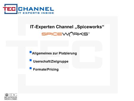 IT-Experten Channel Spiceworks Allgemeines zur Platzierung Userschaft/Zielgruppe Formate/Pricing.