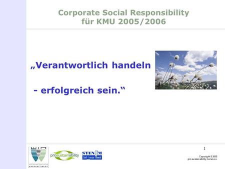Copyright © 2005 pro sustainability moreno a. 1 Corporate Social Responsibility für KMU 2005/2006 Verantwortlich handeln - erfolgreich sein.