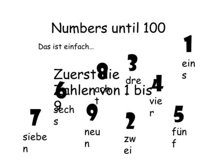 Numbers until 100 Zuerst die Zahlen von 1 bis 9 eins