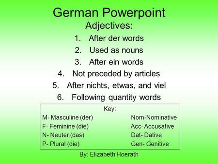 German Powerpoint Adjectives: After der words Used as nouns