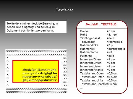 Textfelder Textfelder sind rechteckige Bereiche, in denen Text eingefügt und beliebig im Dokument positioniert werden kann. Textfeld1 : TEXTFELD Breite		=5.