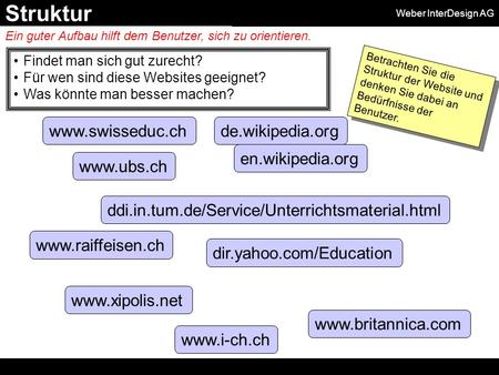 Weber InterDesign AG www.swisseduc.ch dir.yahoo.com/Education www.i-ch.ch Findet man sich gut zurecht? Für wen sind diese Websites geeignet? Was könnte.
