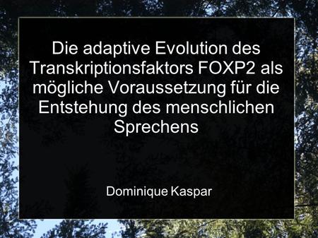 Die adaptive Evolution des Transkriptionsfaktors FOXP2 als mögliche Voraussetzung für die Entstehung des menschlichen Sprechens Dominique Kaspar.