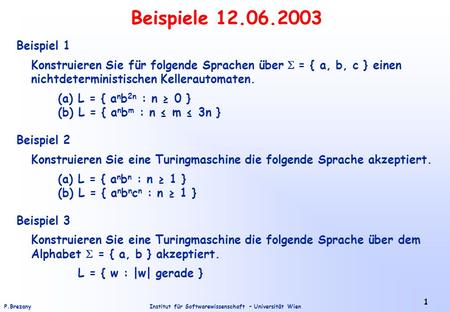 Institut für Softwarewissenschaft – Universität WienP.Brezany 1 Beispiele 12.06.2003 Beispiel 1 Konstruieren Sie für folgende Sprachen über = { a, b, c.
