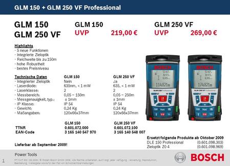 1 GLM 150 + GLM 250 VF Professional PT/MKT-EC | 06.2009 | © Robert Bosch GmbH 2009. Alle Rechte vorbehalten, auch bzgl. jeder Verfügung, Verwertung, Reproduktion,