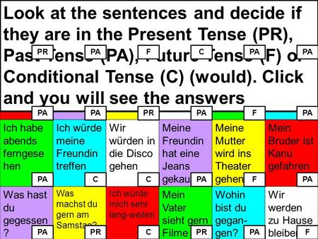 Look at the sentences and decide if they are in the Present Tense (PR), Past Tense (PA), Future Tense (F) or Conditional Tense (C) (would). Click and you.