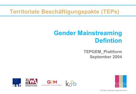 Gender Mainstreaming Defintion TEPGEM_Plattform September 2004 Territoriale Beschäftigungspakte (TEPs) TEPGEM_Strategie (September 2004)
