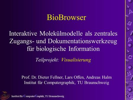 Institut für C omputer G raphik, TU Braunschweig BioBrowser Interaktive Molekülmodelle als zentrales Zugangs- und Dokumentationswerkzeug für biologische.