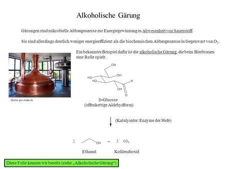 Alkoholische Gärung Gärungen sind mikrobielle Abbauprozesse zur Energiegewinnung in Abwesenheit von Sauerstoff. Sie sind allerdings deutlich weniger energieeffizient.