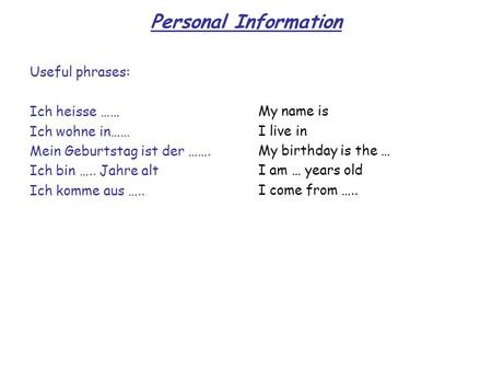 Personal Information Useful phrases: Ich heisse …… Ich wohne in……