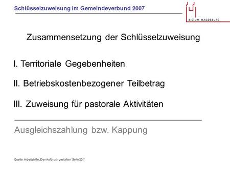 Schlüsselzuweisung im Gemeindeverbund 2007 I. Territoriale Gegebenheiten II. Betriebskostenbezogener Teilbetrag III. Zuweisung für pastorale Aktivitäten.