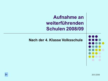 Aufnahme an weiterführenden Schulen 2008/09 Nach der 4. Klasse Volksschule 26.9.2008.