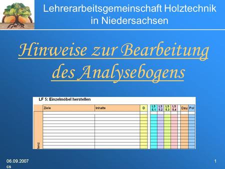 06.09.2007 cs 1 Lehrerarbeitsgemeinschaft Holztechnik in Niedersachsen Hinweise zur Bearbeitung des Analysebogens.