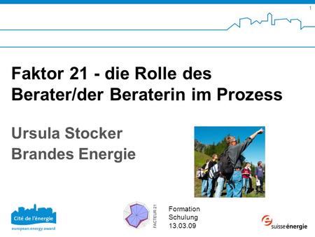 SuisseEnergie pour les communes 1 Formation Schulung 13.03.09 Faktor 21 - die Rolle des Berater/der Beraterin im Prozess Ursula Stocker Brandes Energie.