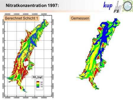 Untersuchungsgebiet: Nitratkonzentration 1997: GemessenBerechnet Schicht 1.