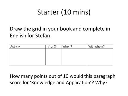 Starter (10 mins) Draw the grid in your book and complete in English for Stefan. How many points out of 10 would this paragraph score for ‘Knowledge and.