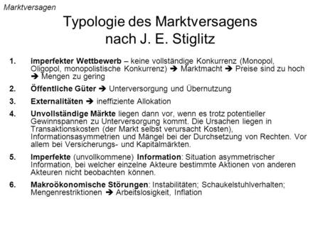Typologie des Marktversagens nach J. E. Stiglitz
