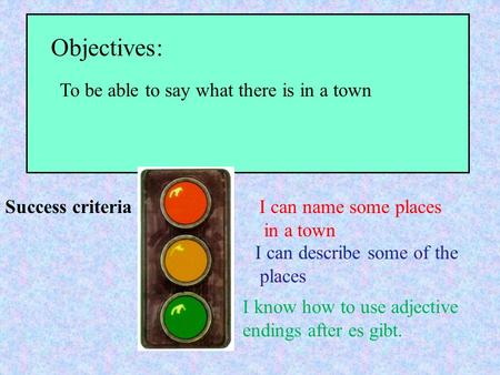 Objectives: Success criteria To be able to say what there is in a town I can name some places in a town I can describe some of the places I know how to.