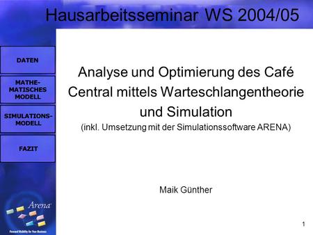 1 Hausarbeitsseminar WS 2004/05 Analyse und Optimierung des Café Central mittels Warteschlangentheorie und Simulation (inkl. Umsetzung mit der Simulationssoftware.