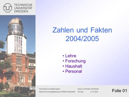 Zahlen und Fakten 2004/2005 Lehre Forschung Haushalt Personal Folie 01