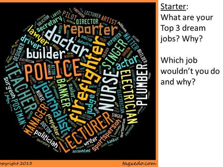 Starter: What are your Top 3 dream jobs? Why? Which job wouldnt you do and why?