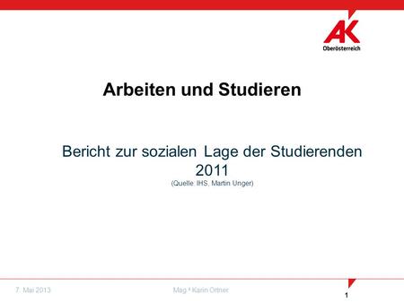 1 7. Mai 2013Mag. a Karin Ortner Arbeiten und Studieren Bericht zur sozialen Lage der Studierenden 2011 (Quelle: IHS, Martin Unger)
