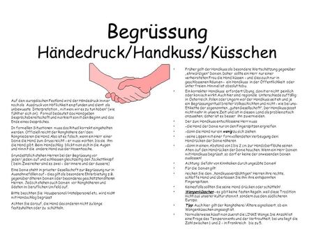 Begrüssung Händedruck/Handkuss/Küsschen