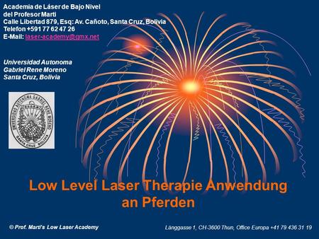 Low Level Laser Therapie Anwendung an Pferden Academia de Láser de Bajo Nivel del Profesor Marti Calle Libertad 879, Esq: Av. Cañoto, Santa Cruz, Bolivia.