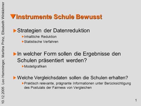 1 10.12.2005 Leo Hamminger, Martina Prinz, Elisabeth Winklehner Instrumente Schule Bewusst Instrumente Schule Bewusst Strategien der Datenreduktion Inhaltliche.