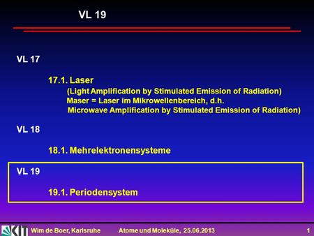 VL 19 VL 17 17.1. Laser (Light Amplification by Stimulated Emission of Radiation) Maser = Laser im Mikrowellenbereich, d.h. Microwave Amplification by.