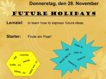 Donnerstag, den 28. November FUTURE HOLIDAYS Lernziel: to learn how to express future ideas. Starter: Finde ein Paar! will plane...zu werde hoffe...zu.