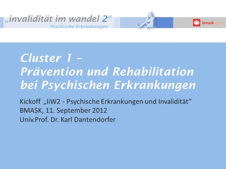 Cluster 1 – Prävention und Rehabilitation bei Psychischen Erkrankungen Kickoff IiW2 - Psychische Erkrankungen und Invalidität BMASK, 11. September 2012.