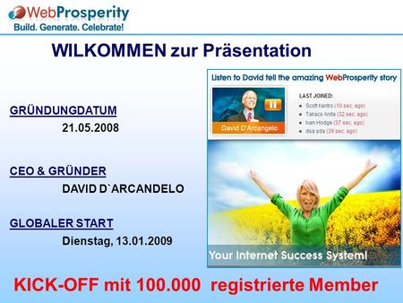 GRÜNDUNGDATUM 21.05.2008 CEO & GRÜNDER DAVID D`ARCANDELO GLOBALER START Dienstag, 13.01.2009 WILKOMMEN zur Präsentation KICK-OFF mit 100.000 registrierte.