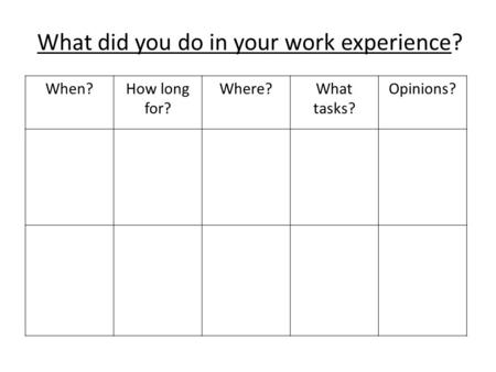 What did you do in your work experience? When?How long for? Where?What tasks? Opinions?