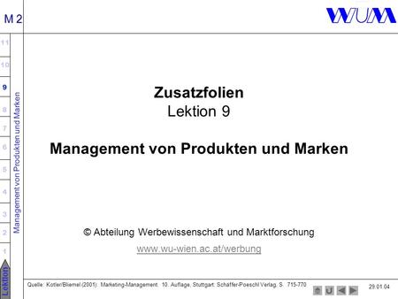 Management von Produkten und Marken 11 10 9 8 7 6 5 4 3 2 1 Lektion M 2 Zusatzfolien Lektion 9 Management von Produkten und Marken © Abteilung Werbewissenschaft.