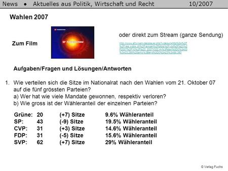 News Aktuelles aus Politik, Wirtschaft und Recht10/2007 © Verlag Fuchs Wahlen 2007 1.Wie verteilen sich die Sitze im Nationalrat nach den Wahlen vom 21.