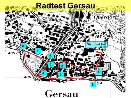 Start und Ziel 1 2 3 4 5 7 8 9 6 Radtest Gersau Radtest Gersau / Posten 1 Rechtsabbiegen Zeichengabe / Vortritt Gütschweg.