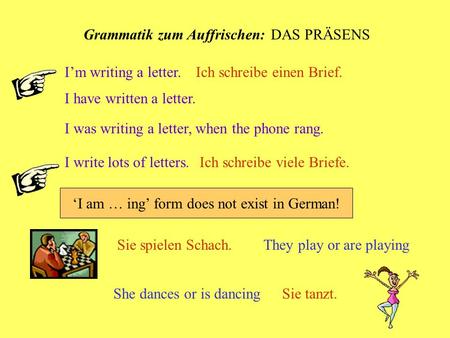 Grammatik zum Auffrischen: DAS PRÄSENS I’m writing a letter. I have written a letter. I was writing a letter, when the phone rang. I write lots of letters.