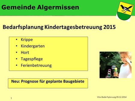 Gemeinde Algermissen Kita-Bedarfsplanung 09.12.2014 Krippe Kindergarten Hort Tagespflege Ferienbetreuung Bedarfsplanung Kindertagesbetreuung 2015 1 Neu: